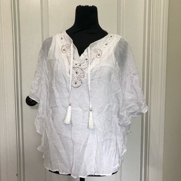 JM Collection Women's Blouse Embroidered Beaded Tassel V-Neck White Petite Large - Picture 1 of 11